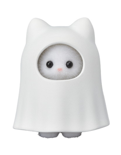 a white cat calico critter wearing a ghost costume