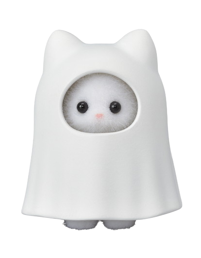 a white cat calico critter wearing a ghost costume